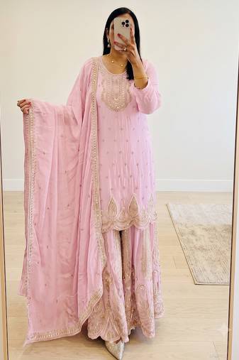 Pink heavy zari work short kurti with flared sharara & dupatta