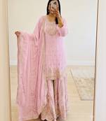 Pink heavy zari work short kurti with flared sharara & dupatta