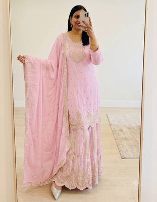 Pink heavy zari work short kurti with flared sharara & dupatta 2