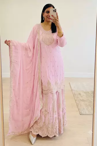 Pink heavy zari work short kurti with flared sharara & dupatta