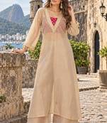Beige tissue readymade 3 piece suit suit with embroidery & sequence work