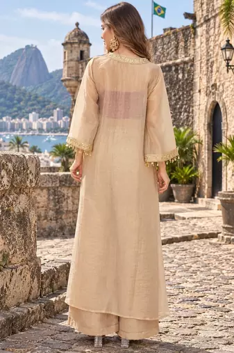 Beige tissue readymade 3 piece suit suit with embroidery & sequence work