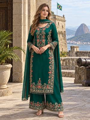 D green georgette readymade suit with embroidery & sequence work 1