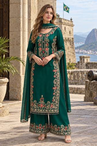 D green georgette readymade suit with embroidery & sequence work