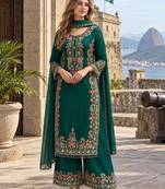 D green georgette readymade suit with embroidery & sequence work