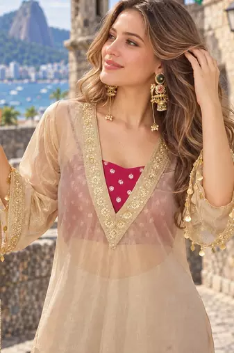 Beige tissue readymade 3 piece suit suit with embroidery & sequence work