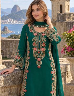 D green georgette readymade suit with embroidery & sequence work 2
