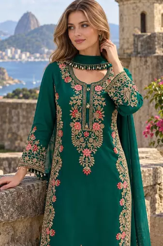 D green georgette readymade suit with embroidery & sequence work