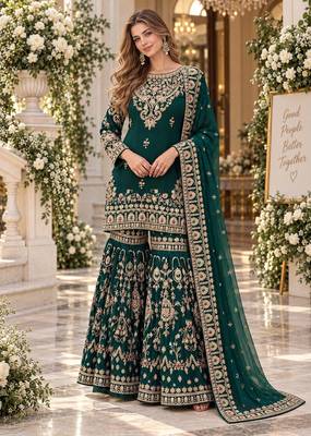 D green georgette readymade suit with embroidery & sequence work 1
