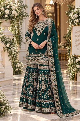 D green georgette readymade suit with embroidery & sequence work