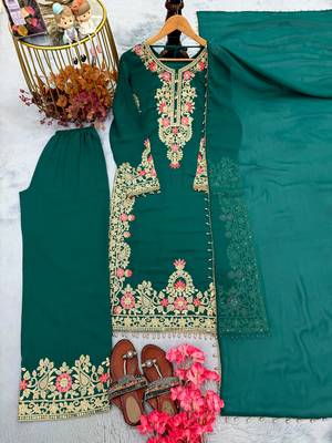 D green georgette readymade suit with embroidery & sequence work 3