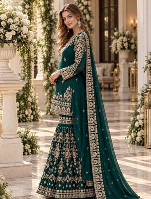 D green georgette readymade suit with embroidery & sequence work 2