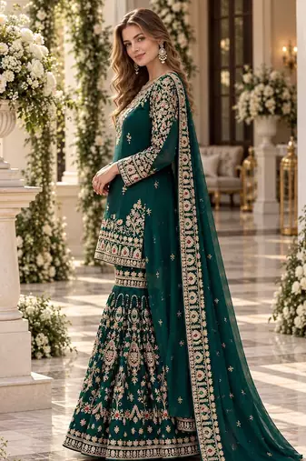 D green georgette readymade suit with embroidery & sequence work