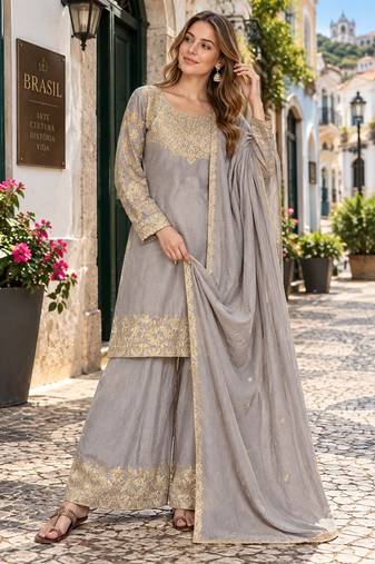 Grey chinon readymade suit with embroidery & sequence work