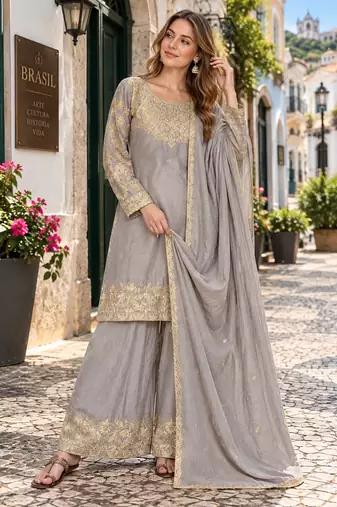 Grey chinon readymade suit with embroidery & sequence work