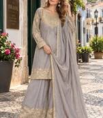 Grey chinon readymade suit with embroidery & sequence work