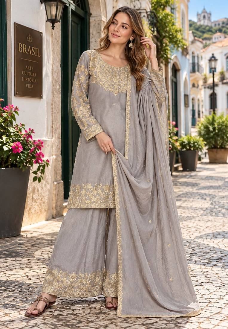 Grey chinon readymade suit with embroidery & sequence work