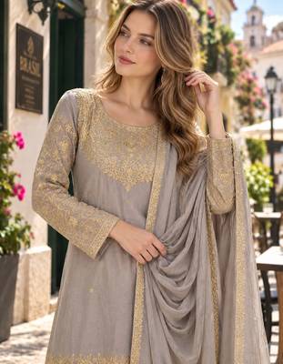 Grey chinon readymade suit with embroidery & sequence work 2