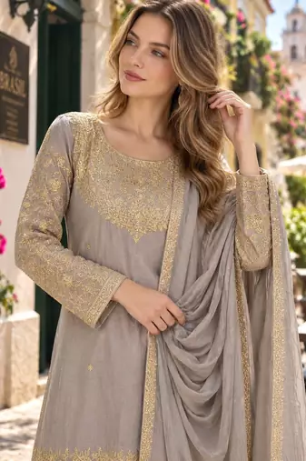 Grey chinon readymade suit with embroidery & sequence work