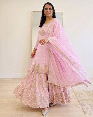 Pink heavy zari work short kurti with flared sharara & dupatta 3