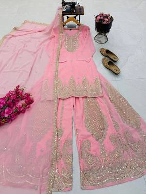 Pink heavy zari work short kurti with flared sharara & dupatta 4