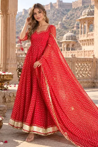 Navy georgette readymade anarkali suit with bandhej work
