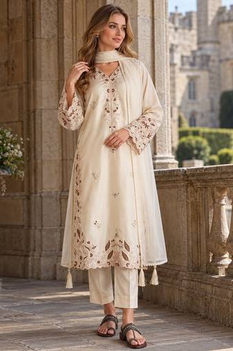 White silk blend readymade suit with embroidery & sequence work