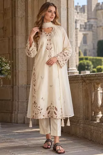 White silk blend readymade suit with embroidery & sequence work