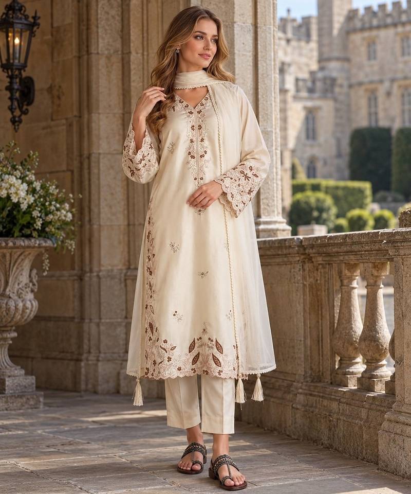 White silk blend readymade suit with embroidery & sequence work