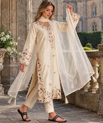 White silk blend readymade suit with embroidery & sequence work 2