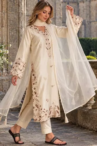 White silk blend readymade suit with embroidery & sequence work