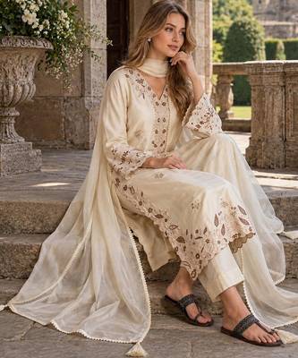 White silk blend readymade suit with embroidery & sequence work 3