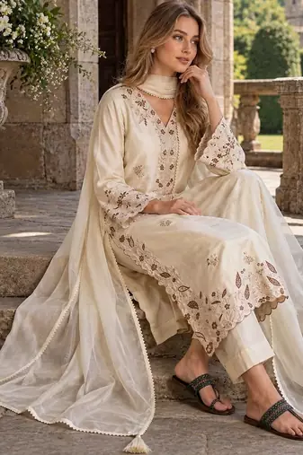 White silk blend readymade suit with embroidery & sequence work