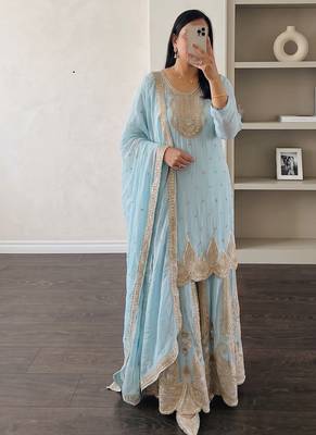 Sky heavy zari work short kurti with flared sharara & dupatta 1