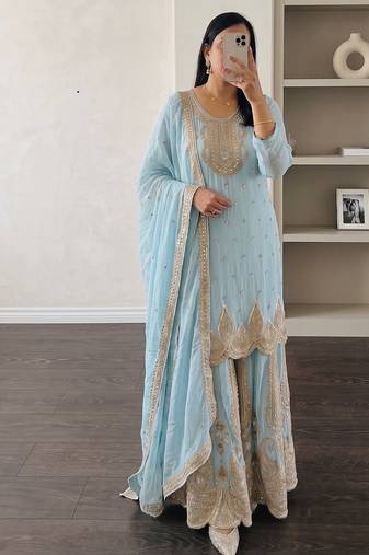 Sky heavy zari work short kurti with flared sharara & dupatta