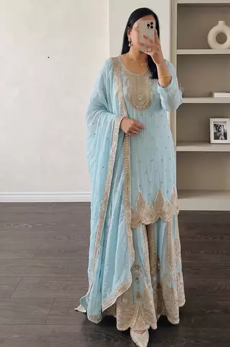 Sky heavy zari work short kurti with flared sharara & dupatta