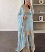 Sky heavy zari work short kurti with flared sharara & dupatta