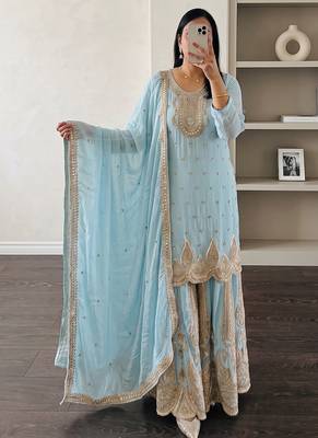 Sky heavy zari work short kurti with flared sharara & dupatta 2
