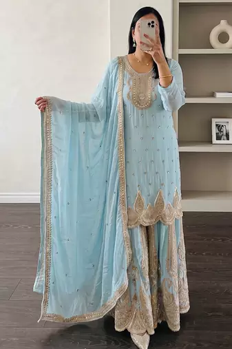 Sky heavy zari work short kurti with flared sharara & dupatta