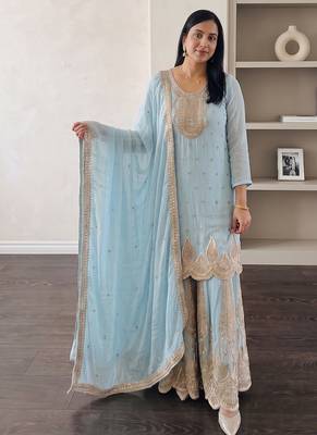 Sky heavy zari work short kurti with flared sharara & dupatta 3
