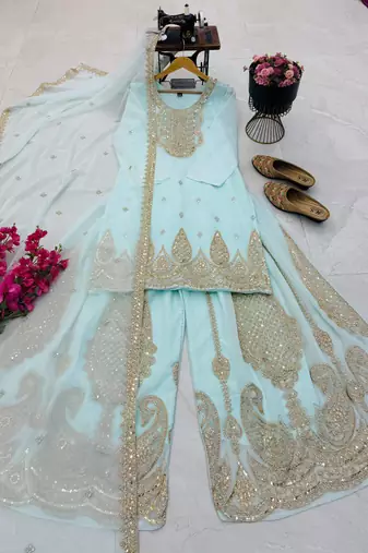 Sky heavy zari work short kurti with flared sharara & dupatta
