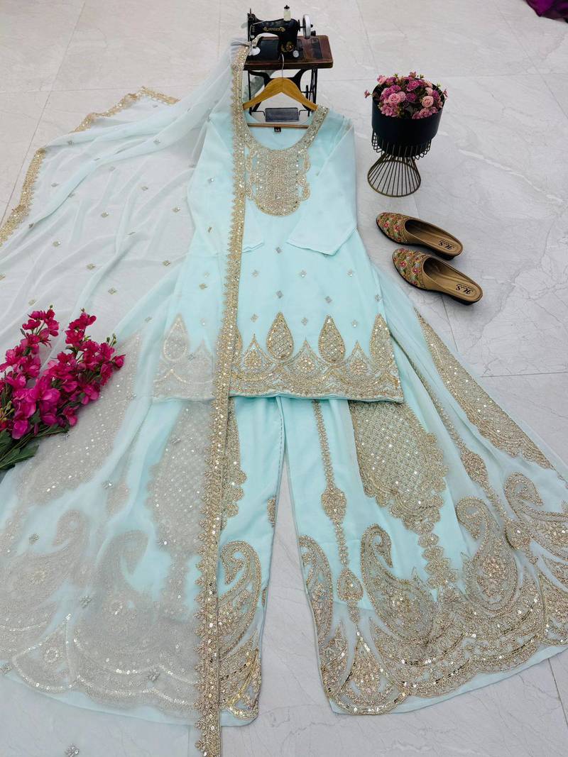 Sky heavy zari work short kurti with flared sharara & dupatta