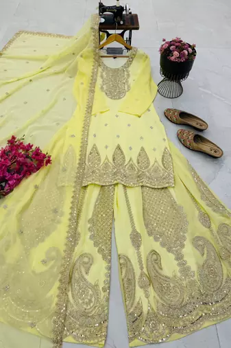 Yellow heavy zari work short kurti with flared sharara & dupatta