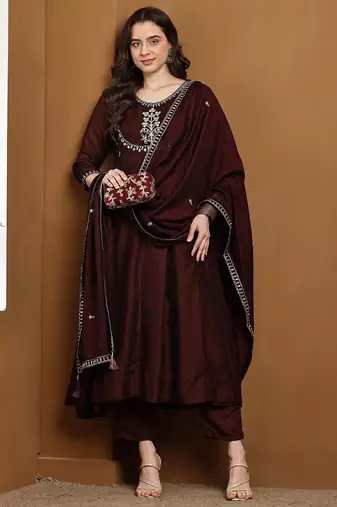 Brown embroidered vichitra silk kurta pant dupatta set