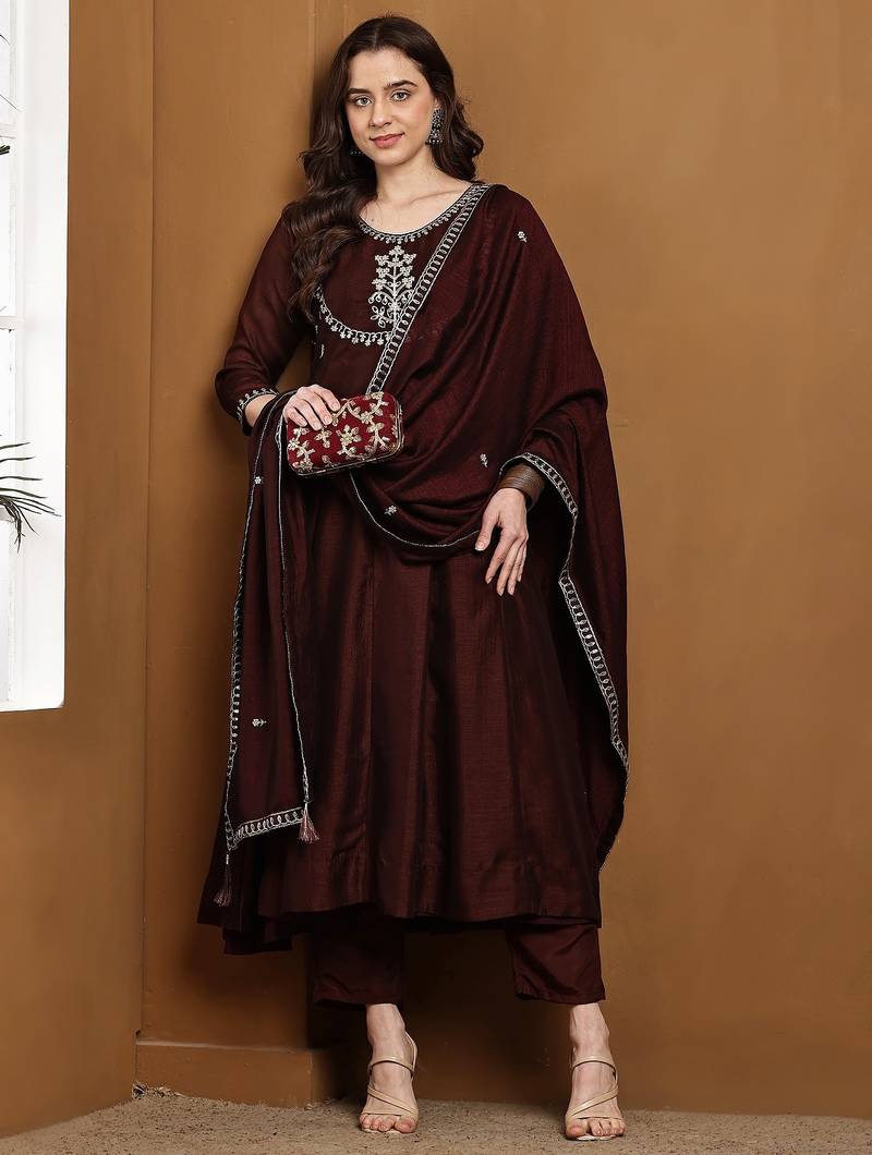 Brown embroidered vichitra silk kurta pant dupatta set