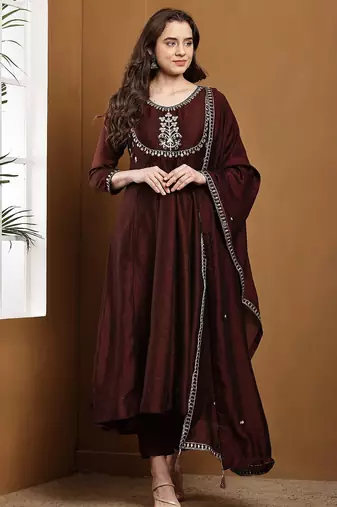 Brown embroidered vichitra silk kurta pant dupatta set
