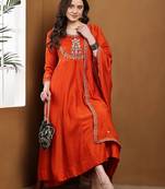 Orange embroidered vichitra silk kurta pant dupatta set