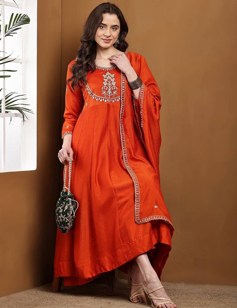 Orange embroidered vichitra silk kurta pant dupatta set
