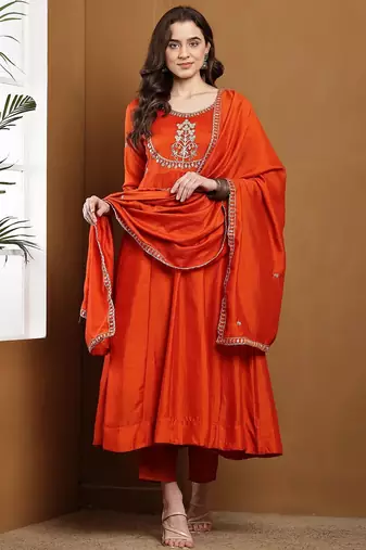 Orange embroidered vichitra silk kurta pant dupatta set