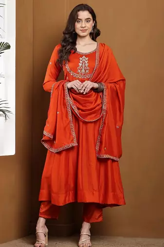 Orange embroidered vichitra silk kurta pant dupatta set
